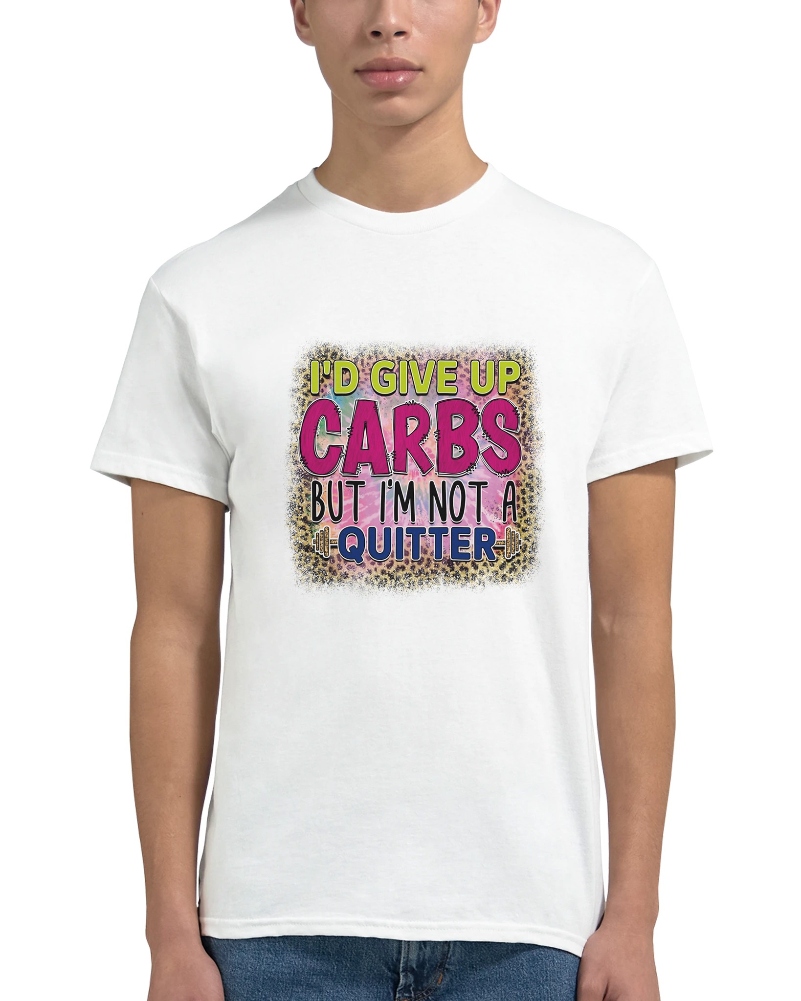 Humoristisk Leopardmönstrad T-shirt: "I'd Give Up Carbs But I'm Not a Quitter" – Bekväm Unisex Design Tstore 16d5cae4-6999-469c-91b1-a3173c2341af