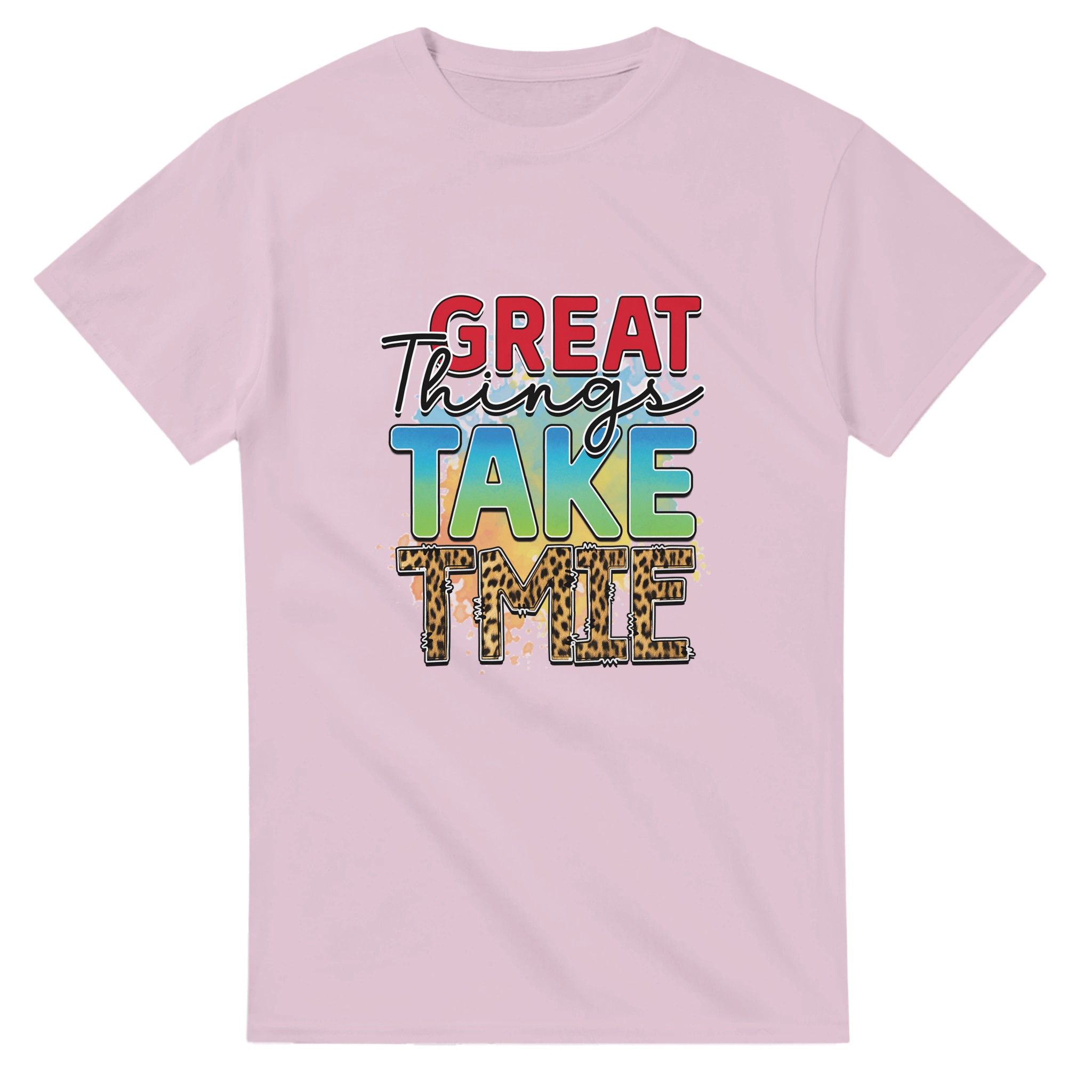 Inspirerande Text-T-shirt: 'Great Things Take Time' med Leoparddetaljer – Unisex Komfort i Flera Färger Tstore 2d9ba53e-425f-44b8-a6dc-b8f9c05630f2