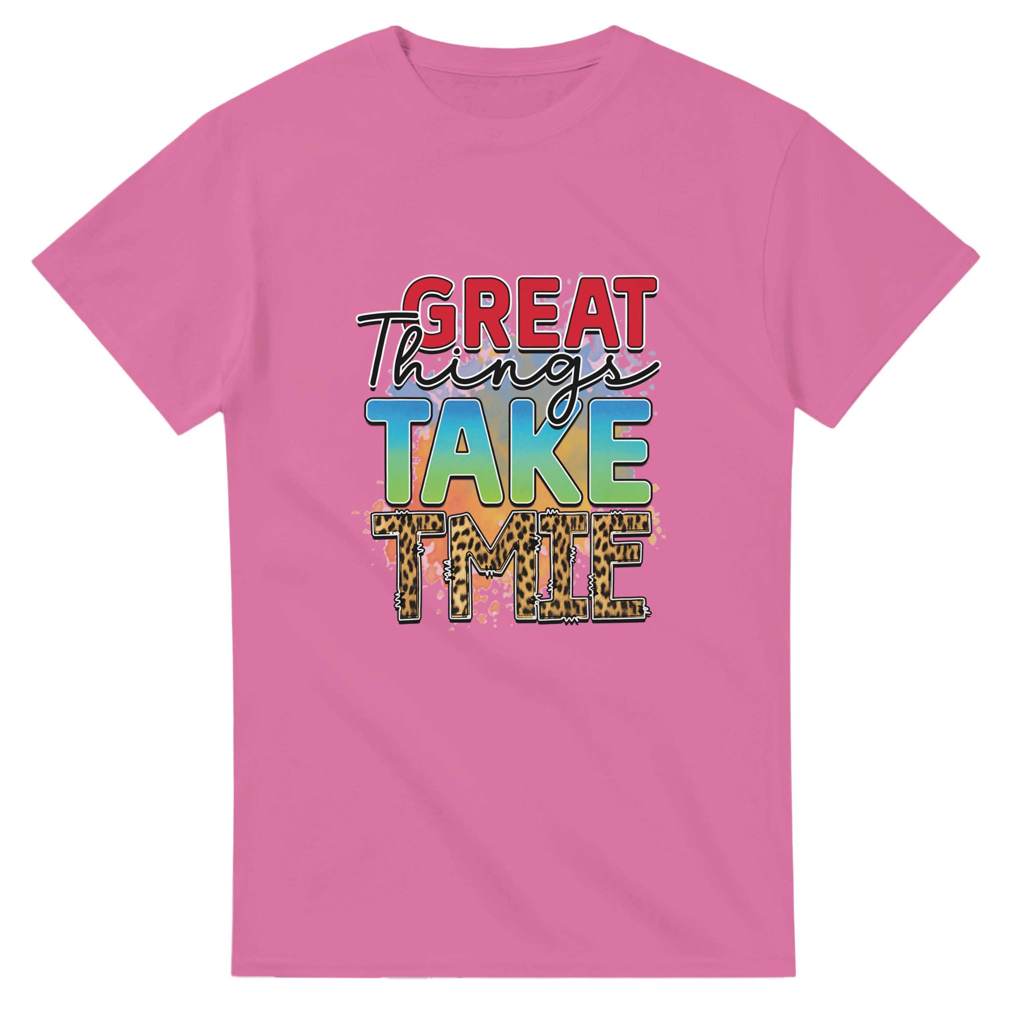 Inspirerande Text-T-shirt: 'Great Things Take Time' med Leoparddetaljer – Unisex Komfort i Flera Färger Tstore 3db59d84-5292-40a0-8015-936edbf00987