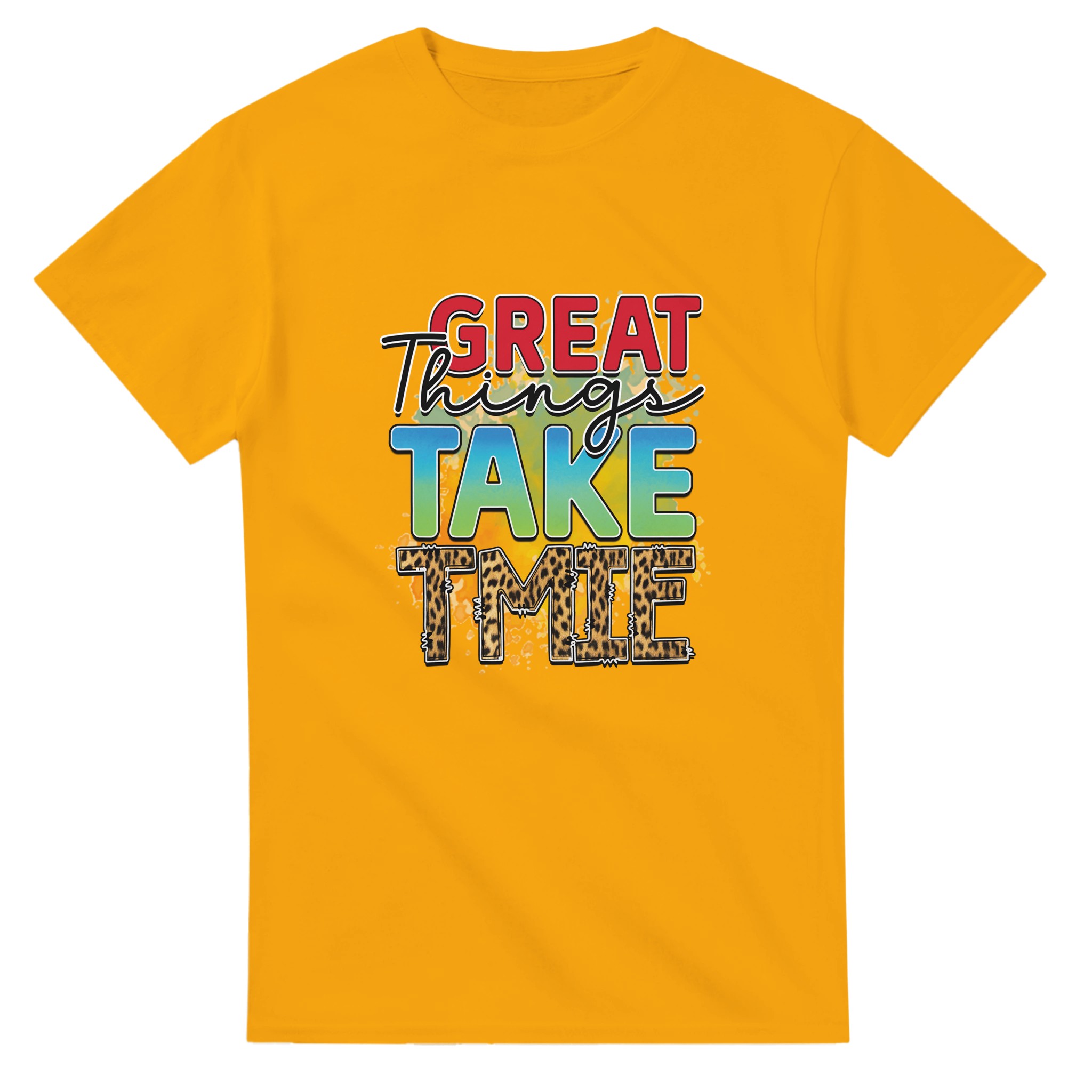 Inspirerande Text-T-shirt: 'Great Things Take Time' med Leoparddetaljer – Unisex Komfort i Flera Färger Tstore 658ad3c7-f24d-4751-9852-dafb2cfa4e41