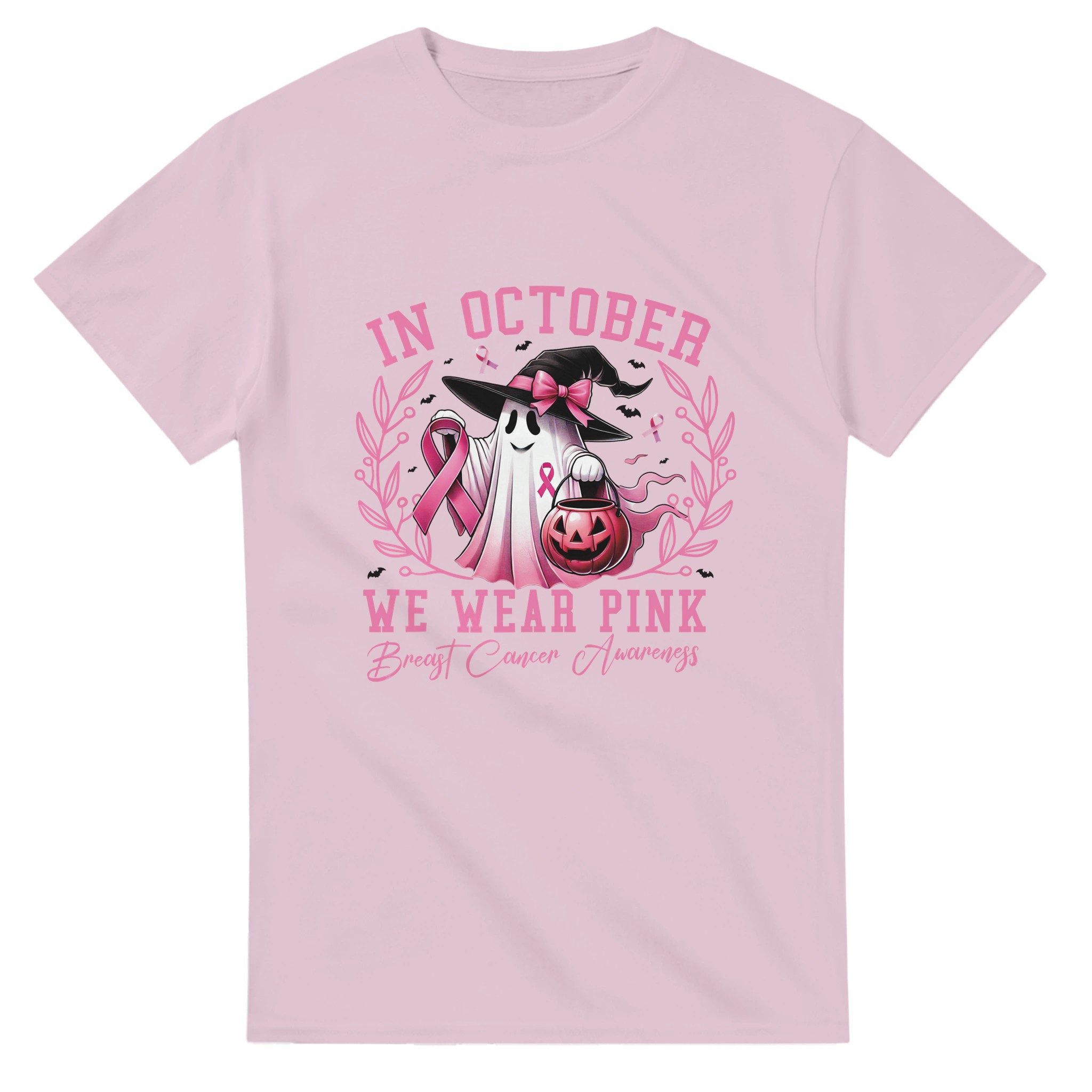 Bröstcancer Medvetenhet T-shirt – Rosa Spöke Halloween Design, Mångsidig Unisex Bomullströja Tstore 7453b434-8063-4e06-9096-638ff6c76721