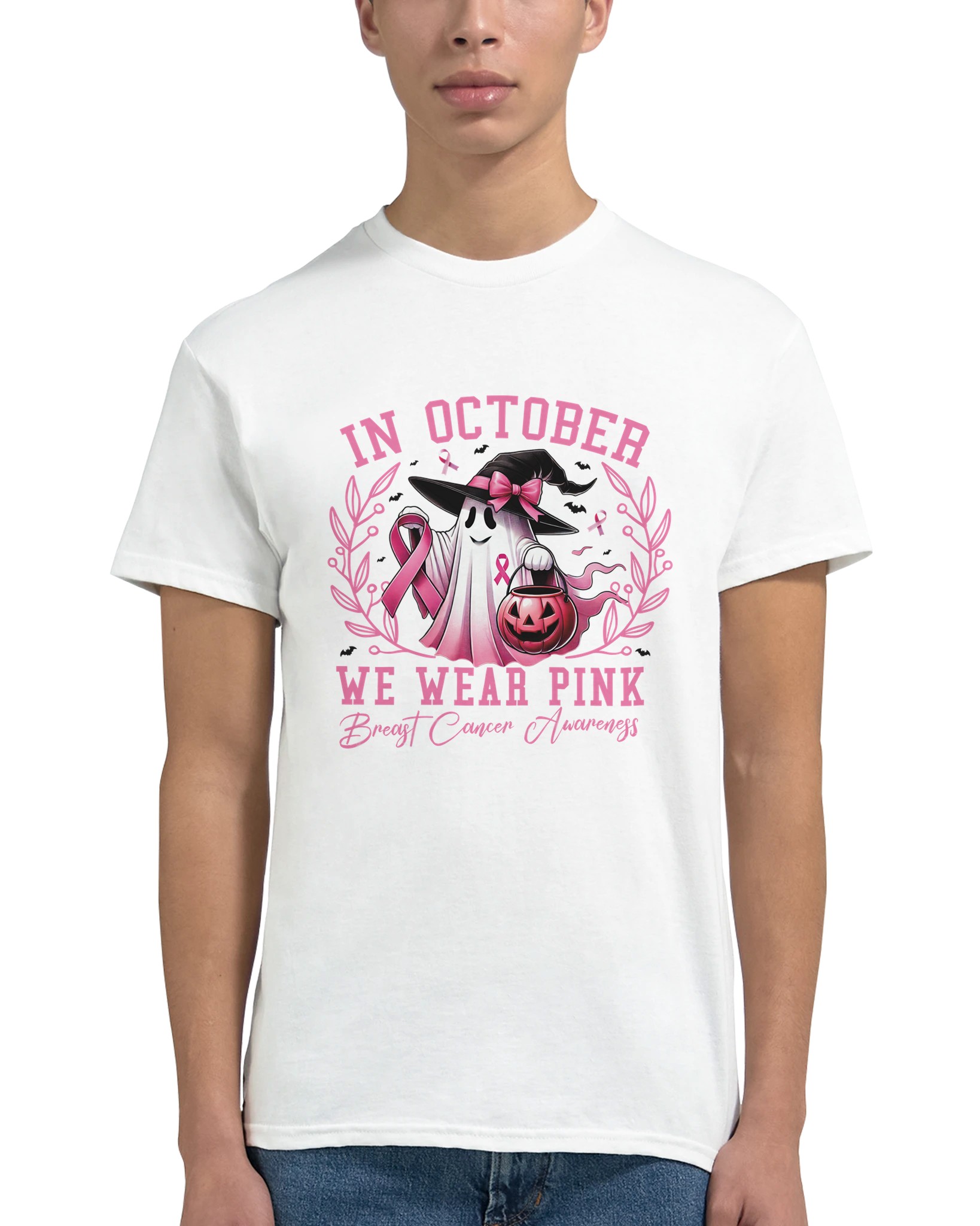 Bröstcancer Medvetenhet T-shirt – Rosa Spöke Halloween Design, Mångsidig Unisex Bomullströja Tstore 988a528d-9fe1-49f6-b3dc-a9500f991398