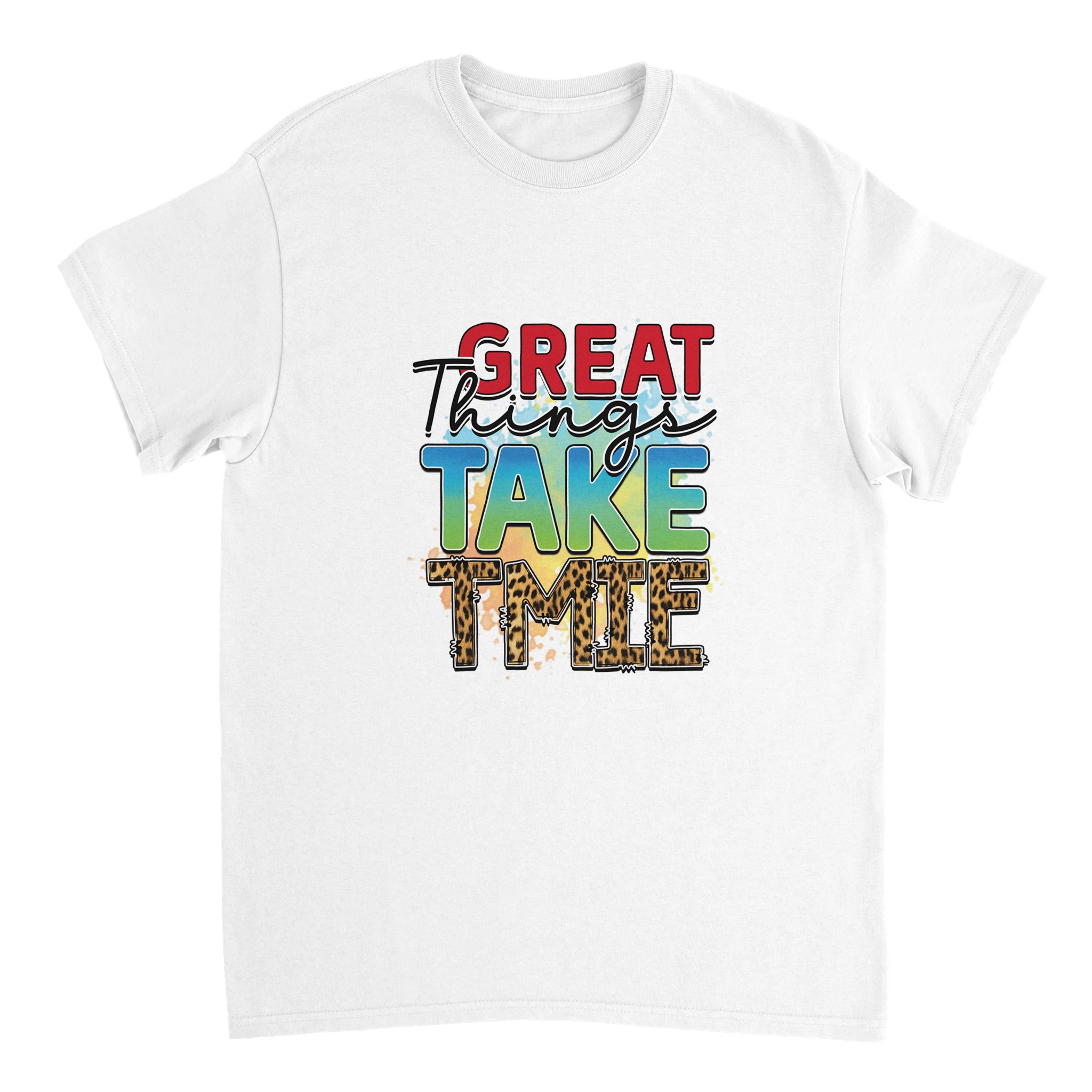 Inspirerande Text-T-shirt: 'Great Things Take Time' med Leoparddetaljer – Unisex Komfort i Flera Färger Tstore a6137f39-c1d6-44d4-b7b6-9727ddafe8b3