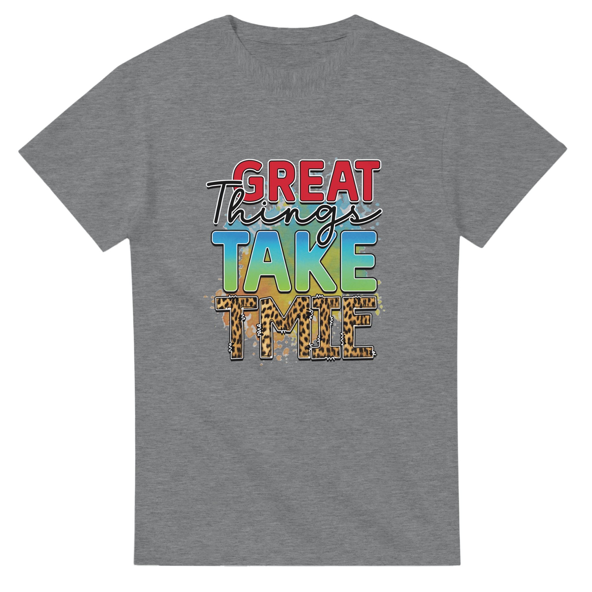 Inspirerande Text-T-shirt: 'Great Things Take Time' med Leoparddetaljer – Unisex Komfort i Flera Färger Tstore b04960ed-611b-47f5-b6a0-fb53c2e8297a