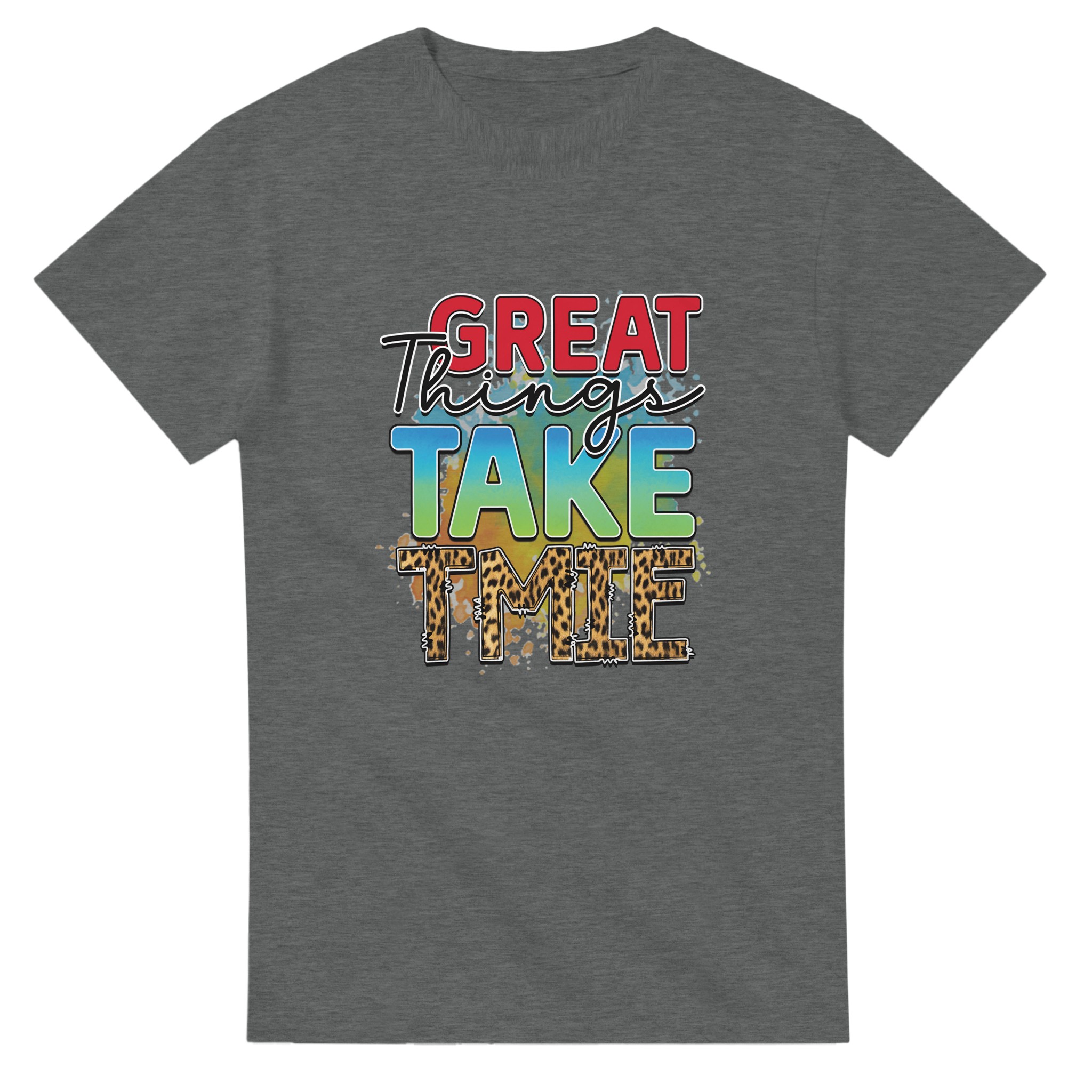 Inspirerande Text-T-shirt: 'Great Things Take Time' med Leoparddetaljer – Unisex Komfort i Flera Färger Tstore b3db01ca-f8c9-4715-94a3-57fcbcc19afc