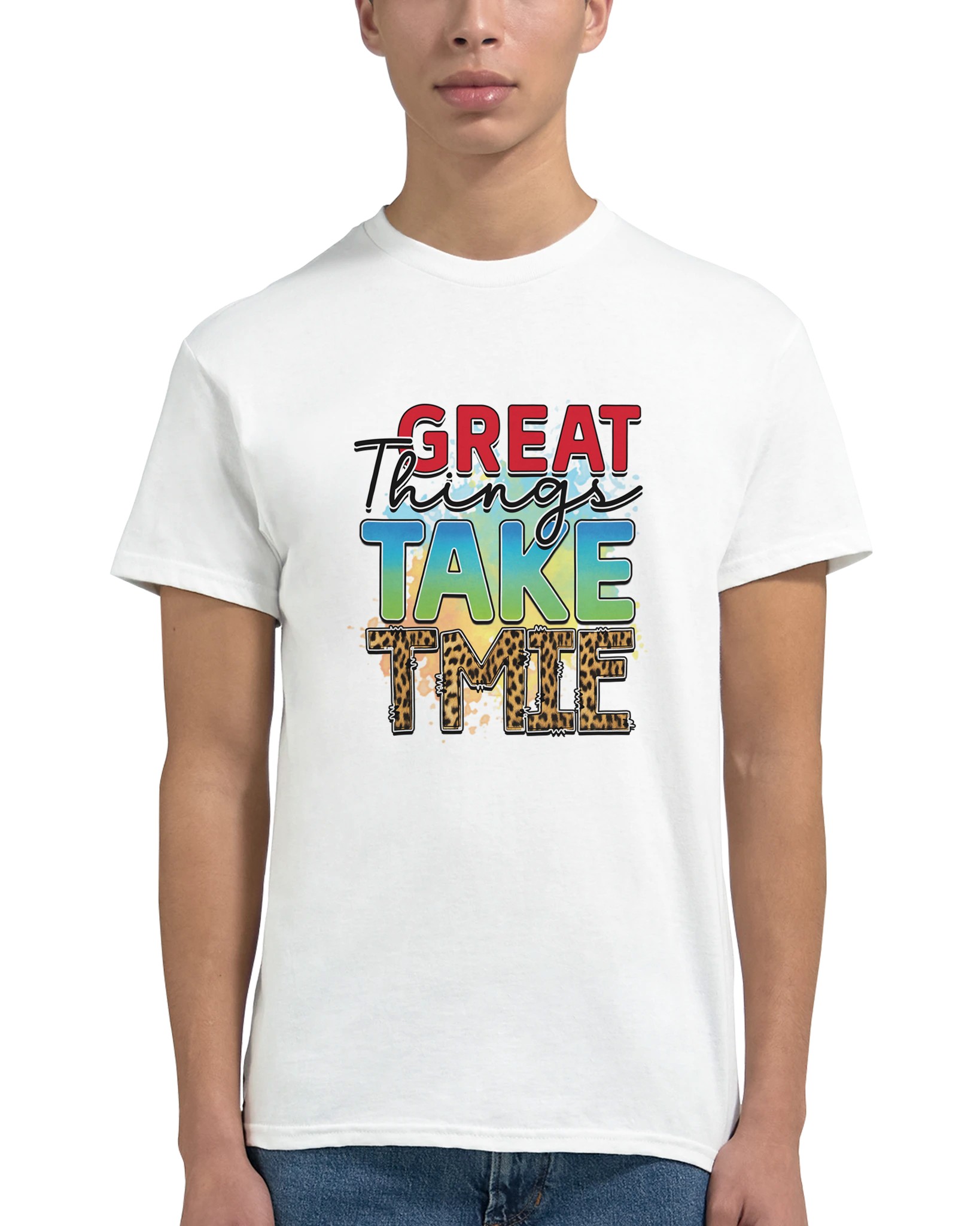 Inspirerande Text-T-shirt: 'Great Things Take Time' med Leoparddetaljer – Unisex Komfort i Flera Färger Tstore e3198c83-68cd-4387-b4f9-e553f88daade